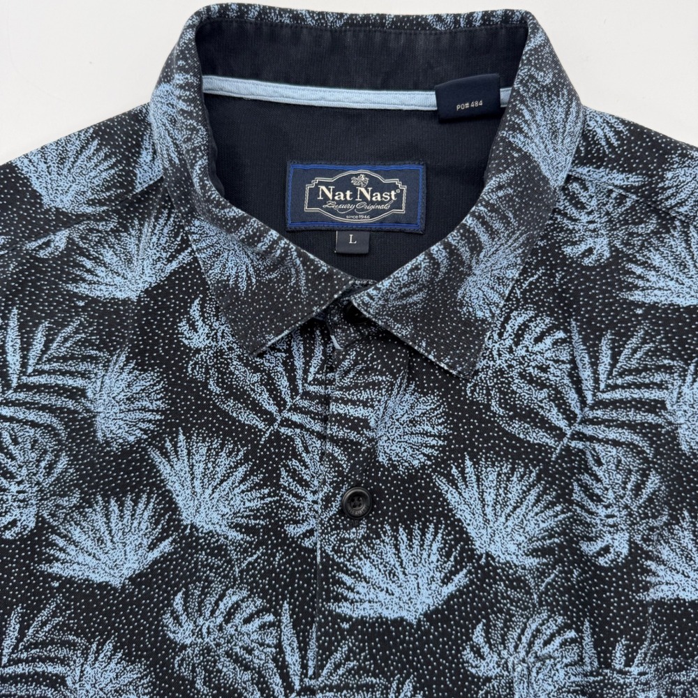 Nat Nast Tony Soprano Shirt Mens Large Black Blue Silk Cotton Tropical Palm Leaf
